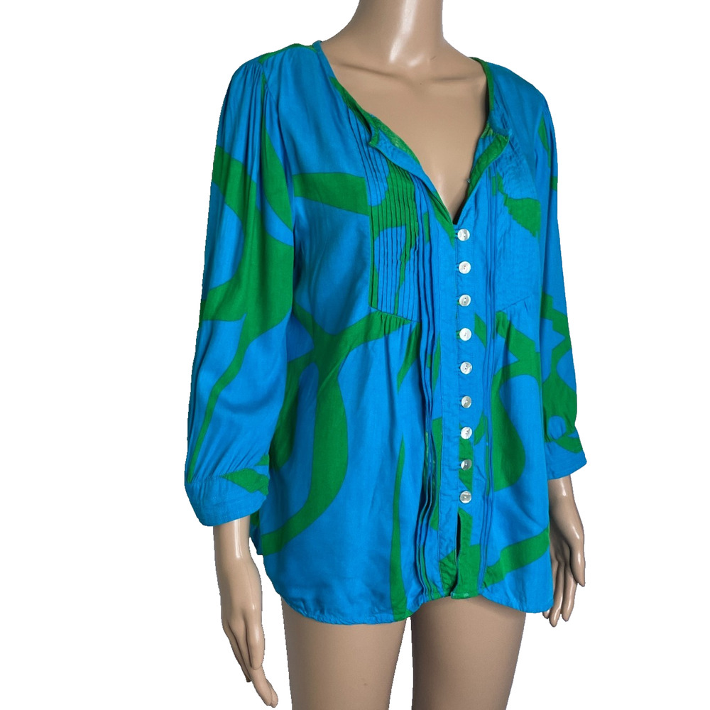 Women's Large Escapada Blue Floral Button Front Accordion Pleat Blouse - Picture 2 of 6